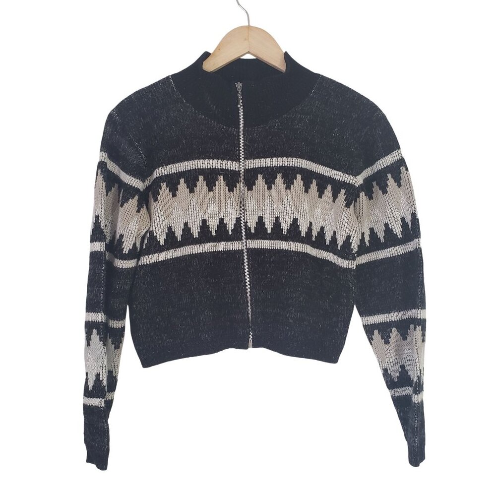 Vintage Womens Domani Geometric Knit Zip Up Cropped Sweater‎ Size M Fall Preppy